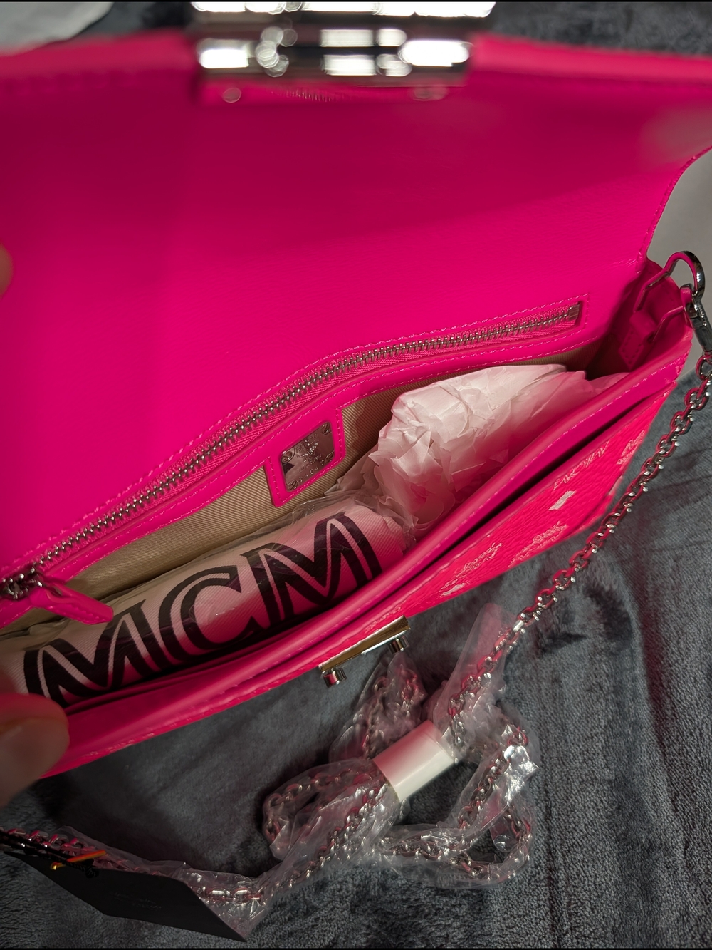 MCM Pink Logo Leather Clutch, Millie Sm Crossbody In Neon Pink & Silver Hardware - Picture 11 of 12
